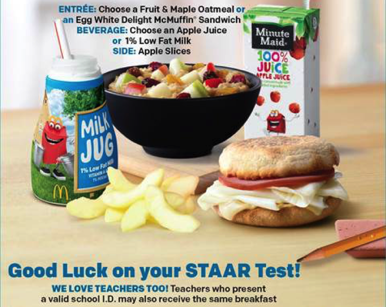 McDonald's free breakfast for STAAR testing