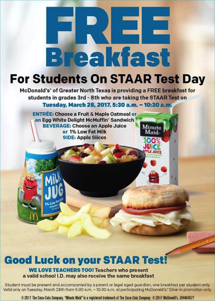 FREE Breakfast at McDonald's on STAAR Test Day for Student and Teachers